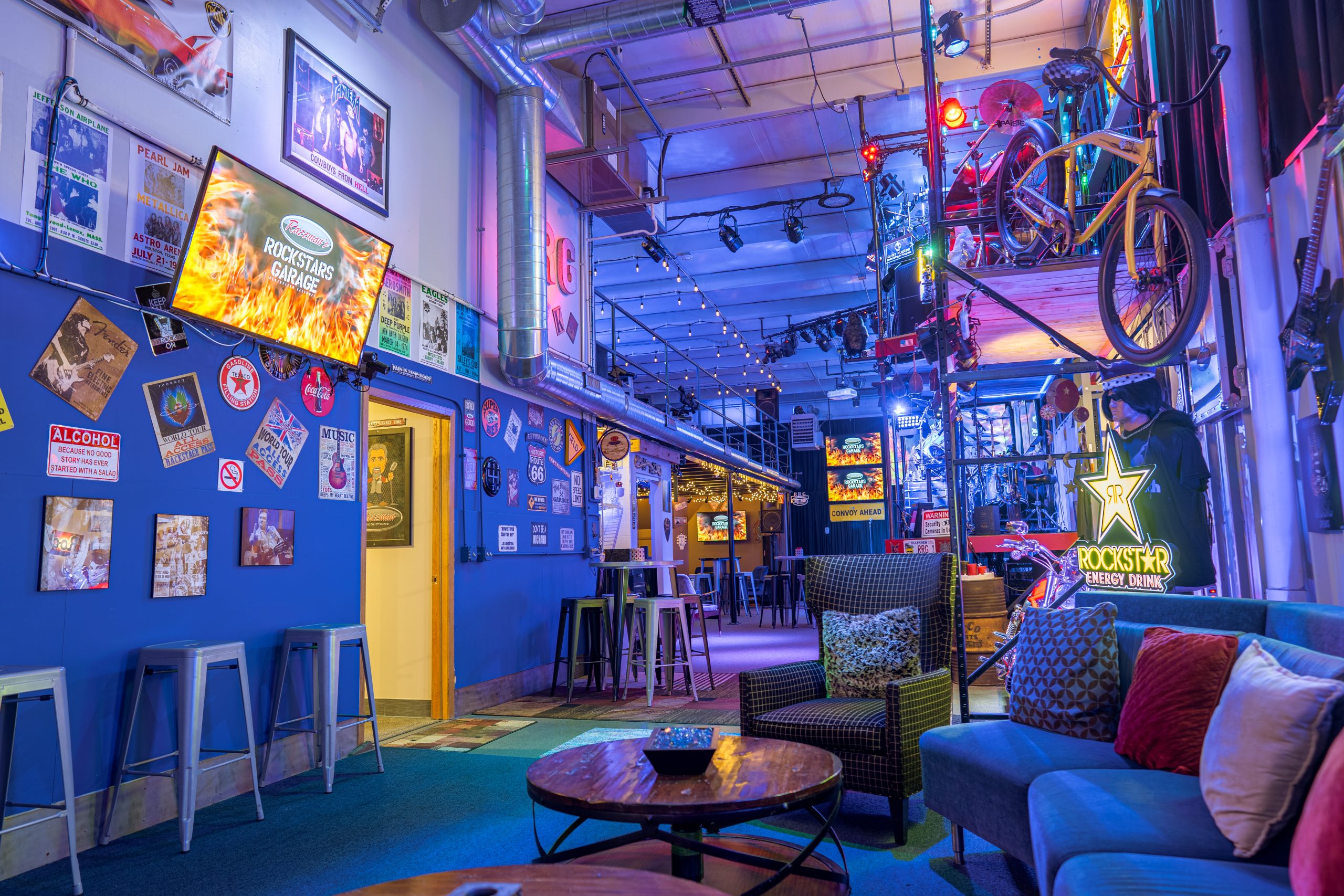 Rockstars Garage lounge with vintage memorabilia and repurposed furniture